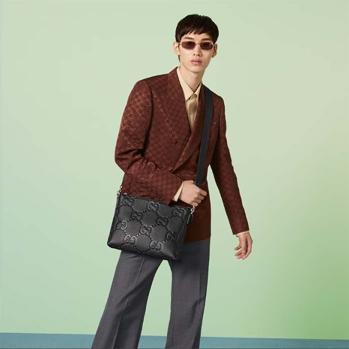 Gucci Unisex Jumbo GG Medium Messenger Bag Black Leather Zip Closure