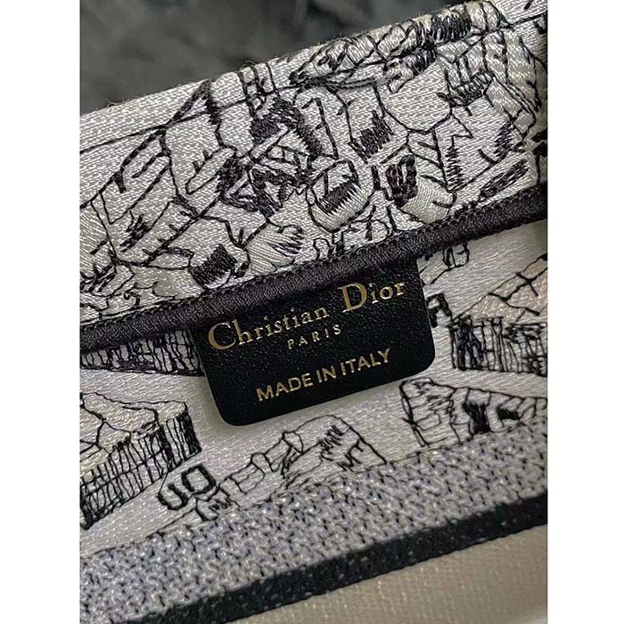 Dior Unisex CD Medium Book Tote White Black Plan De Paris Embroidery