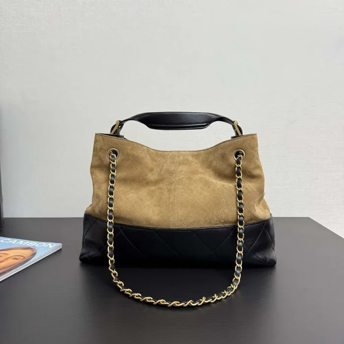 Chanel Women Small Shopping Bag Suede Calfskin Shiny Lambskin Gold Tone Metal