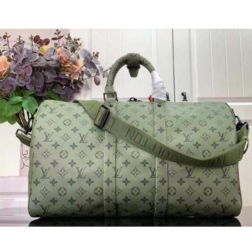 Louis Vuitton LV Unisex Keepall Bandoulière 45 Khaki Green Vermillion Red Monogram Coated Canvas
