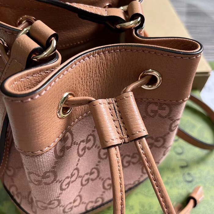 Gucci Women Ophidia Mini GG Bucket Bag Pink Canvas Leather Drawstring Closure