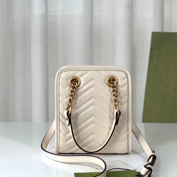 Gucci Women GG Marmont Matelassé Mini Bag White Chevron Leather Double G