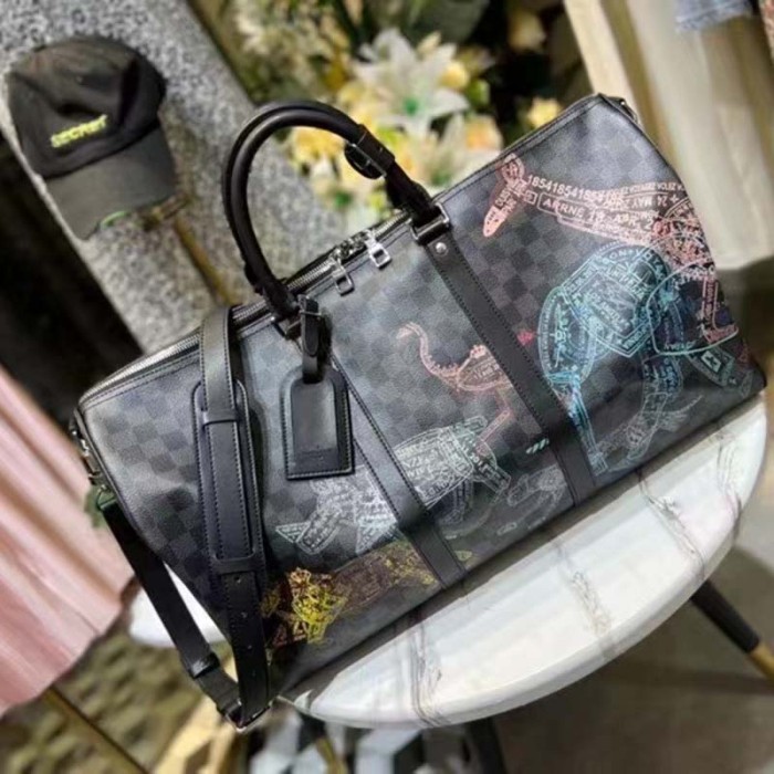 Louis Vuitton LV Unisex Keepall 50B Damier Graphite Stamps Coated Canvas