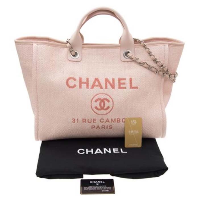Chanel Women CC Shopping Bag Canvas Leather Mixed Fibers Pink
