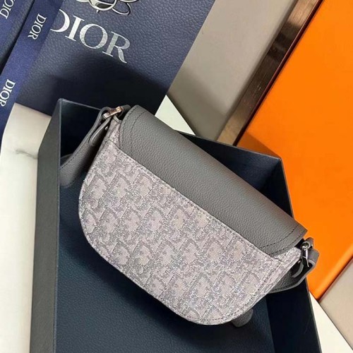 Dior Unisex CD Saddle Pouch Strap Black Grey Oblique Jacquard Grained Calfskin