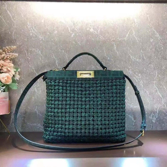 Fendi Women Peekaboo Iconic Medium Jacquard Fabric Interlace Bag-Dark Green