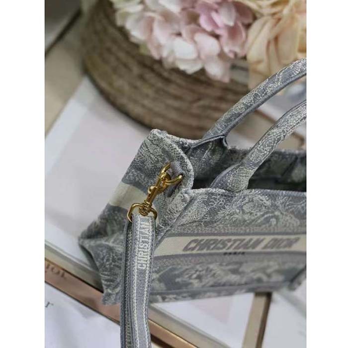 Dior Women Mini Dior Book Tote Strap Gray Toile De Jouy Reverse Embroidery