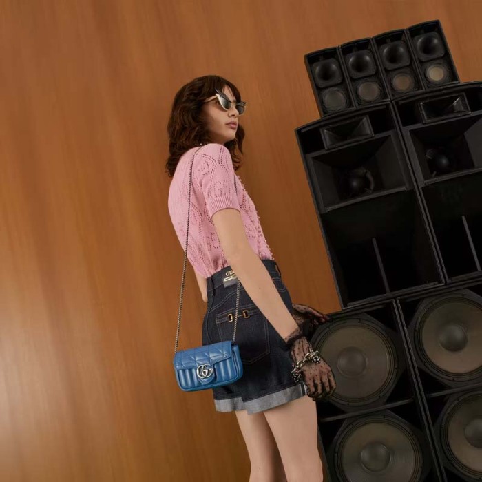 Gucci Women GG Marmont Super Mini Bag Blue Matelassé Leather Double G