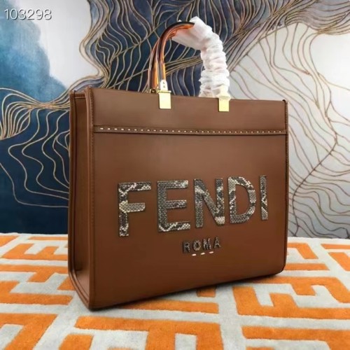 Fendi FF Women Sunshine Medium Light Brown Leather Elaphe Shopper Bag