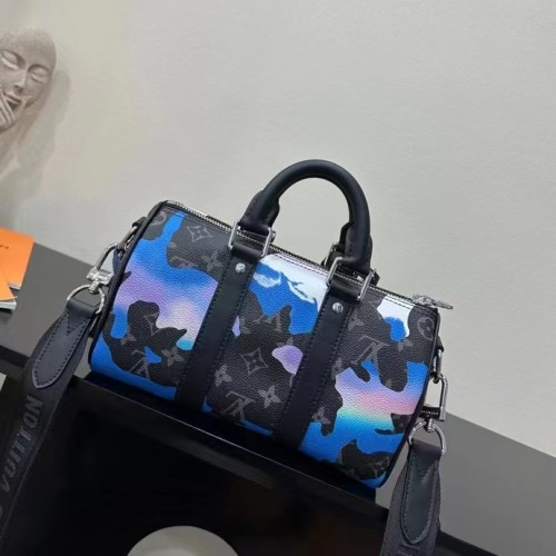 Louis Vuitton LV Unisex Keepall 25 Sunrise Monogram Eclipse Coated Canvas Cowhide Leather