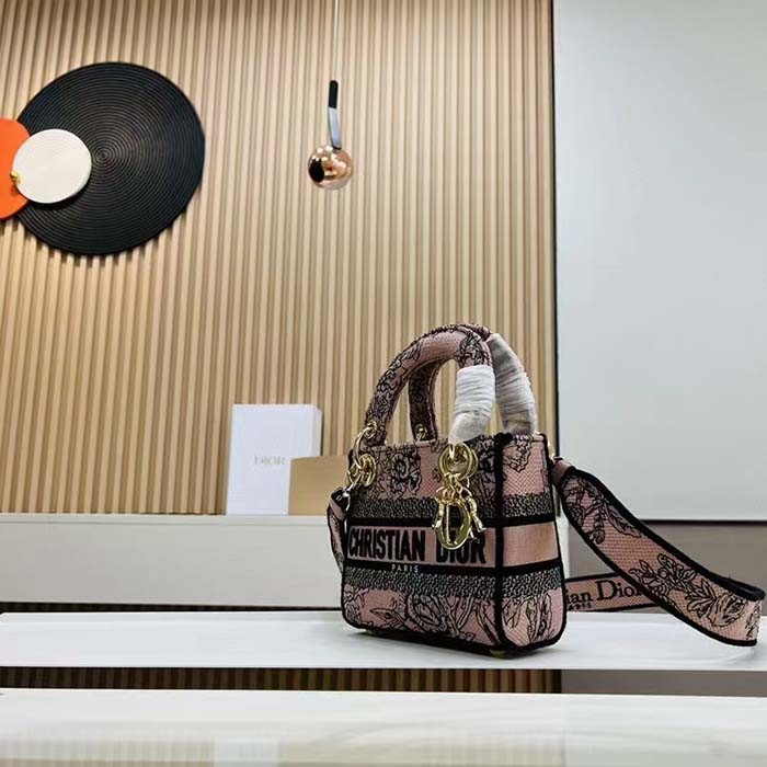 Dior Women CD Medium Lady D-Lite Bag Powder Pink Jardin Botanique Embroidery