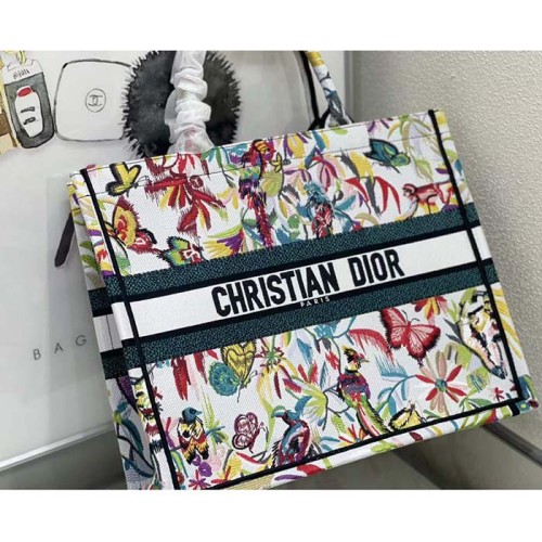 Dior Unisex Large Dior Book Tote White Multicolor Toile De Jouy Fantastica Embroidery