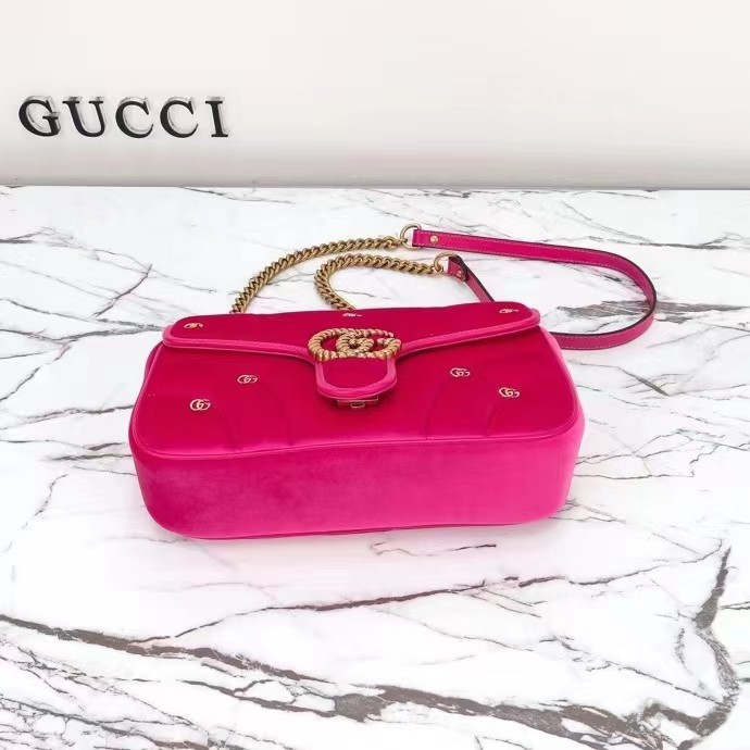 Gucci Women GG Marmont Small Shoulder Bag Dark Pink Quilted Chevron Velvet Leather Double G