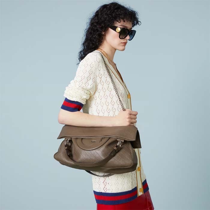 Gucci Unisex Blondie Medium Tote Bag Brown Leather Round Interlocking G