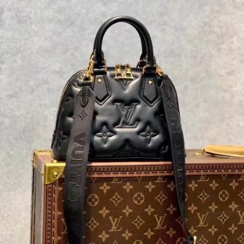 Louis Vuitton LV Women Alma BB Handbag Black Quilted Embroidered Smooth Calf Leather