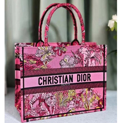 Dior Women CD Medium Book Tote Fuchsia Multicolor Toile De Jouy Voyage Embroidery