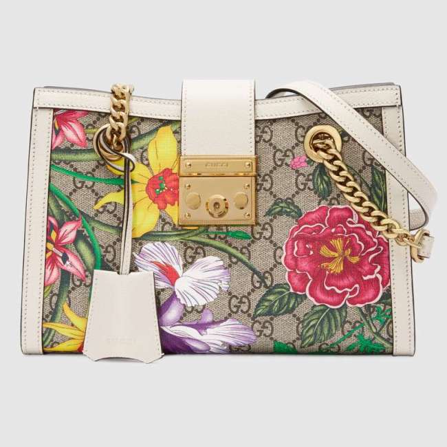 Gucci GG Women Padlock GG Flora Small Shoulder Bag in Beige/Ebony GG Supreme Canvas