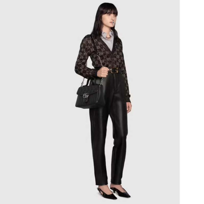 Gucci Unisex GG Marmont Small Top Handle Bag Black Matelassé Leather Double G