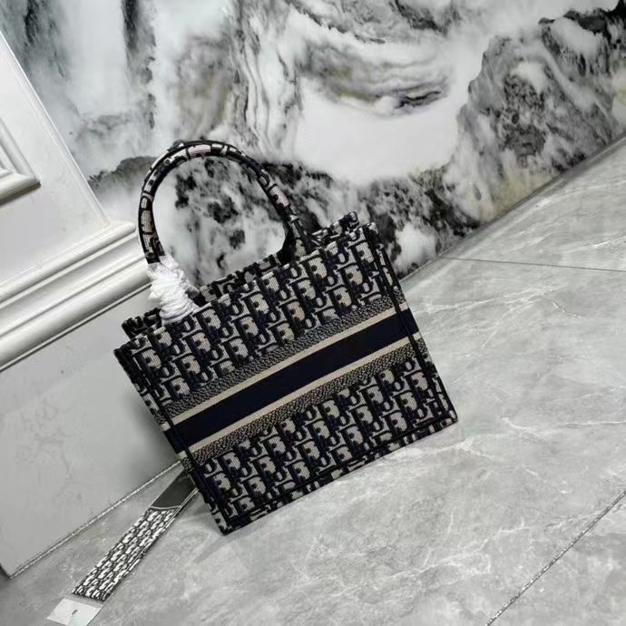 Dior Women Small Dior Book Tote Blue Dior Oblique Embroidery