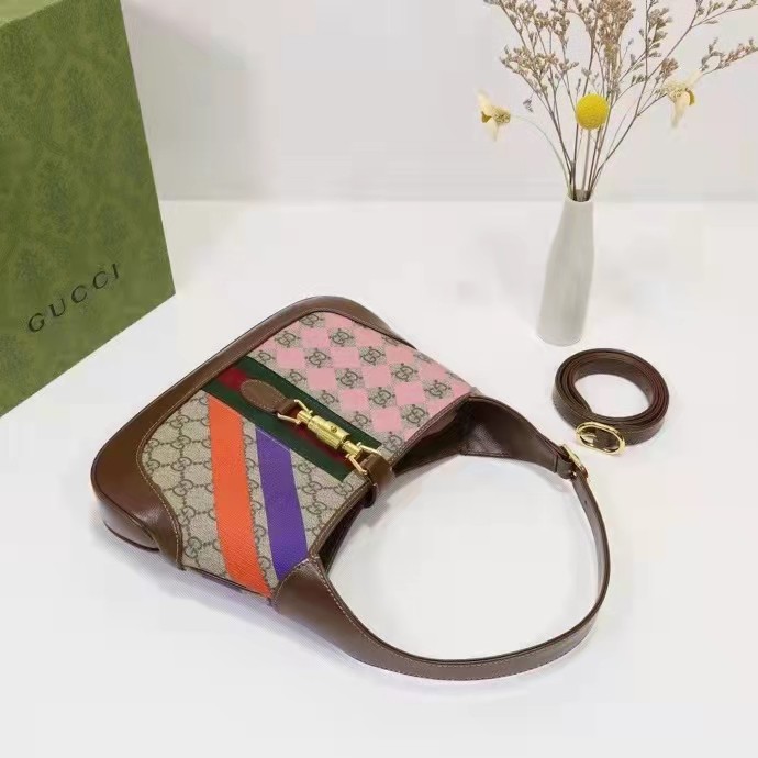 Gucci Women Jackie 1961 Small Shoulder Bag Beige Ebony GG Supreme Canvas