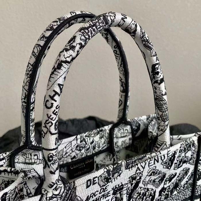 Dior Unisex CD Medium Book Tote White Black Plan De Paris Embroidery