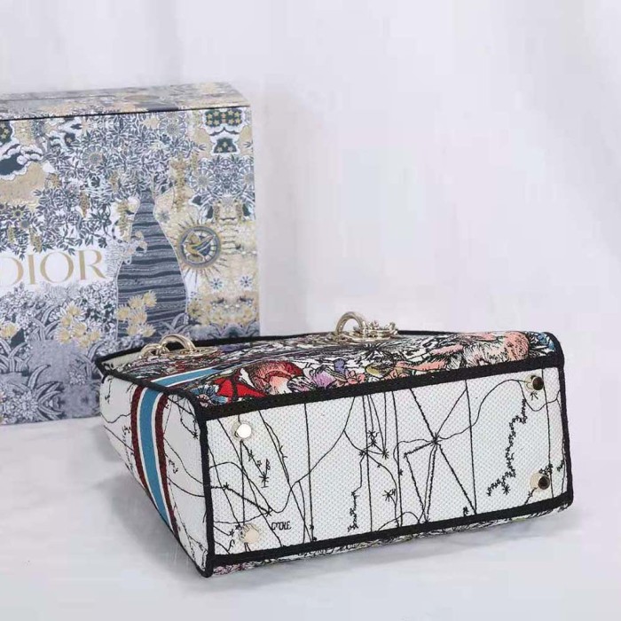 Dior Women Medium Lady D-lite Bag Latte Multicolor Dior Constellation Embroidery-White