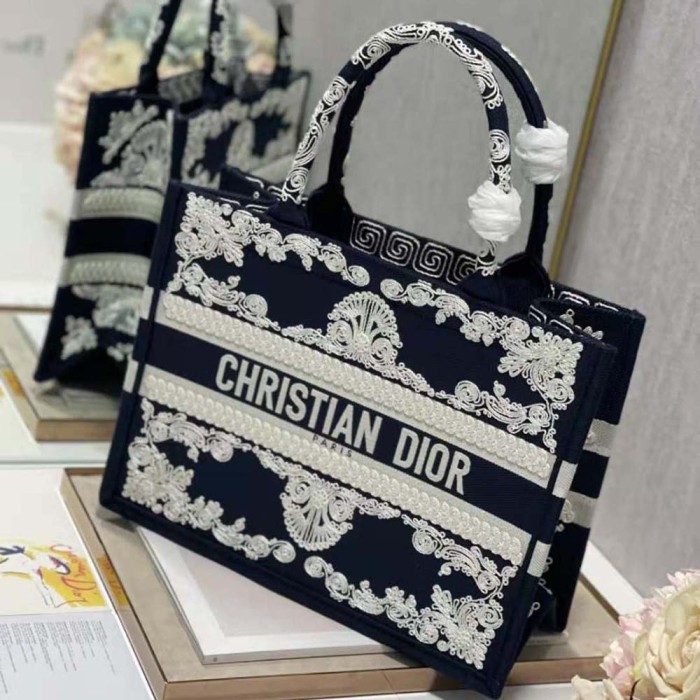 Dior Women Medium Dior Book Tote Blue Cornely-Effect Embroidered Calfskin