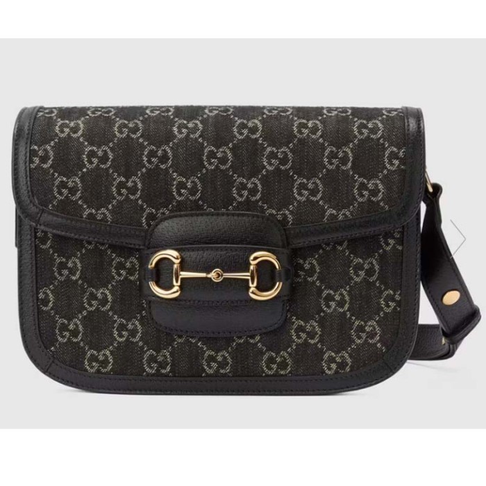 Gucci Women Horsebit 1955 Shoulder Bag Black Ivory GG Denim Jacquard