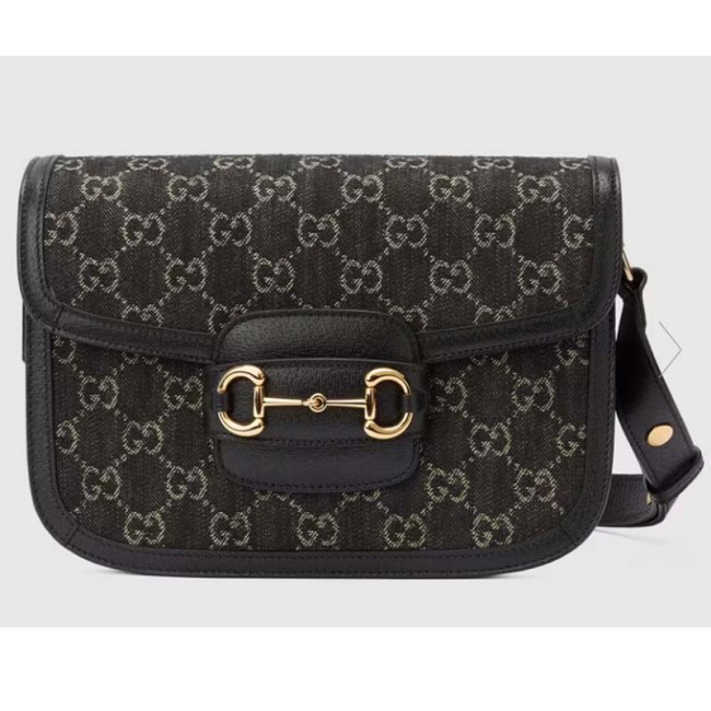 Gucci Women Horsebit 1955 Shoulder Bag Black Ivory GG Denim Jacquard