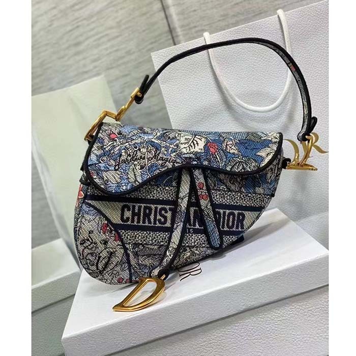 Dior Women CD Saddle Bag Denim Multicolor Dior Jardin Magique Embroidery