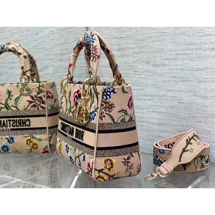 Dior Women CD Medium Lady D-Lite Bag Multicolor Raffia Embroidered Petites Fleurs