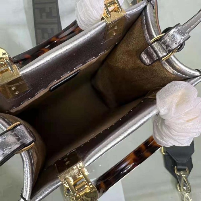 Fendi Women Mini Sunshine Shopper Silver Laminated Leather Shopper