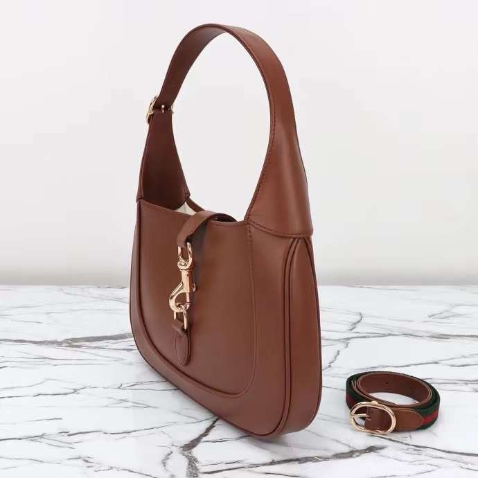 Gucci Women GG Jackie Small Shoulder Bag Brown Soft Leather Hook Closure