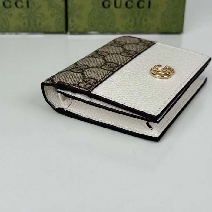Gucci Unisex GG Marmont Card Case Wallet Double G Beige Ebony GG Supreme Canvas White Leather Style ‎658610 17WAG 9096