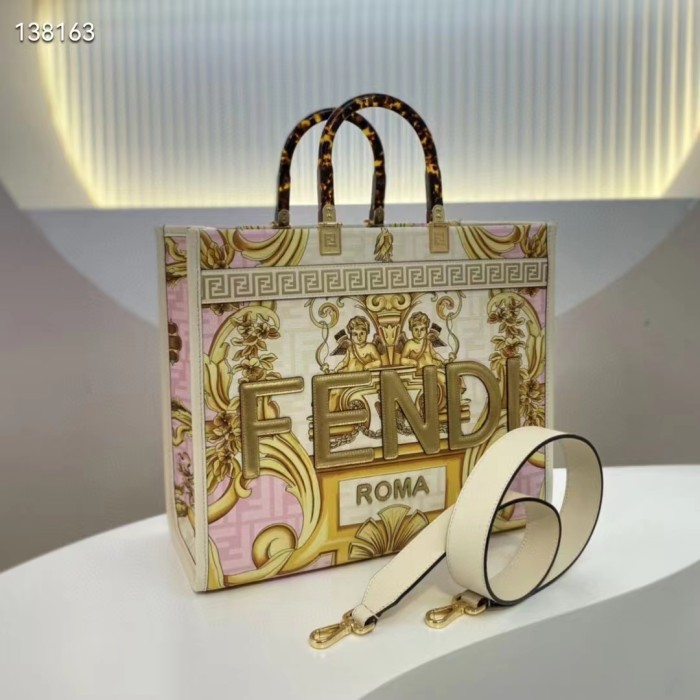 Fendi Women Fendi Sunshine Medium Fendace Printed FF White Leather Shopper