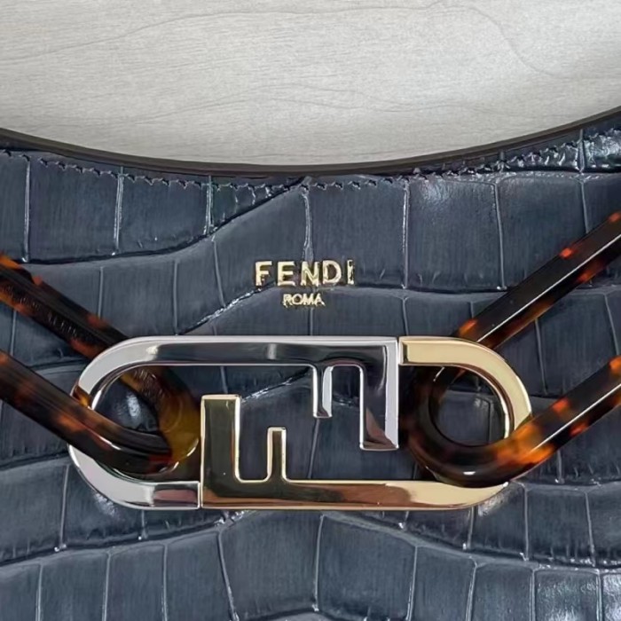 Fendi Women FF O’Lock Swing Dark Blue Crocodile Leather Pouch