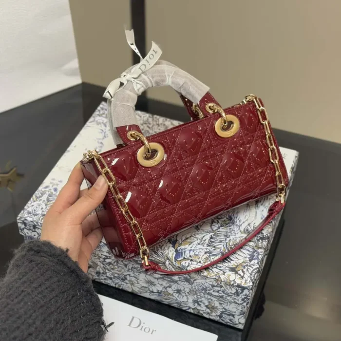 Dior Women Small Lady D-Joy Bag Cherry Red Patent Cannage Calfskin