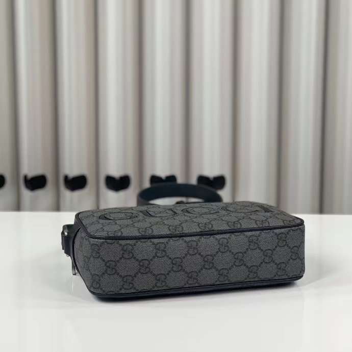 Gucci Unisex Mini Shoulder Bag Grey Black GG Supreme Canvas Black Leather
