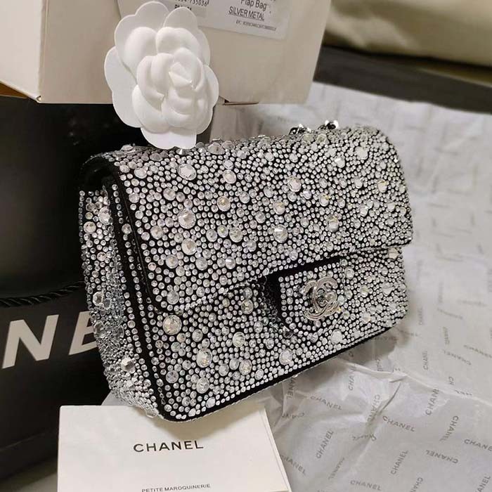 Chanel CC Women Mini Flap Bag Satin Strass Silver-Tone Metal Silver