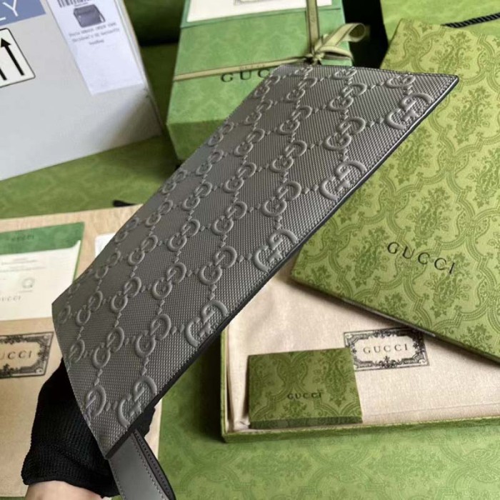 Gucci Unisex GG Embossed Medium Messenger Bag Grey Leather