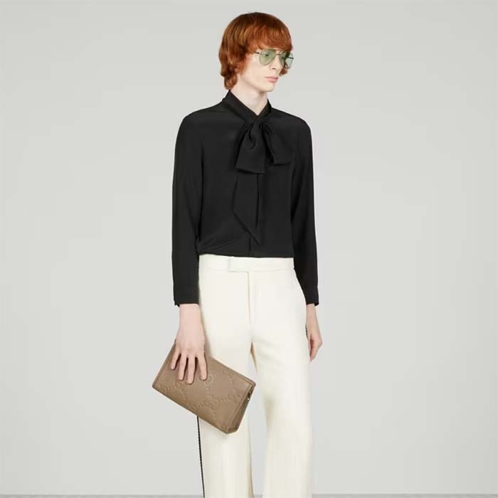 Gucci Unisex Jumbo GG Pouch Taupe Jumbo GG Leather Moiré Lining