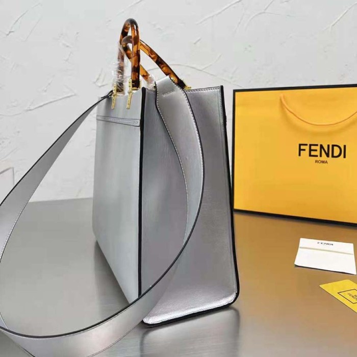 Fendi Women Fendi Sunshine Medium Silver Laminated Leather Shopper
