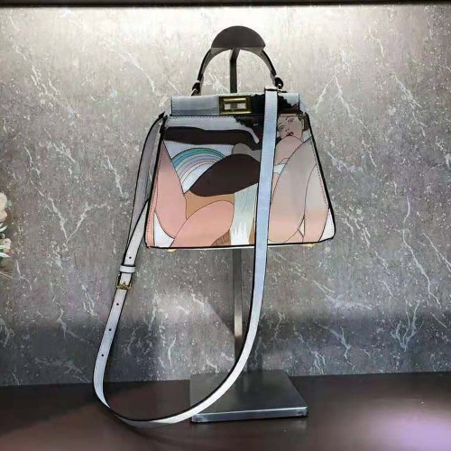 Fendi Women Peekaboo Iconic Mini FF White Glazed Fabric Bag with Inlay