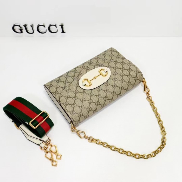 Gucci Women Horsebit 1955 Small Bag Beige Ebony GG Supreme Canvas White Leather