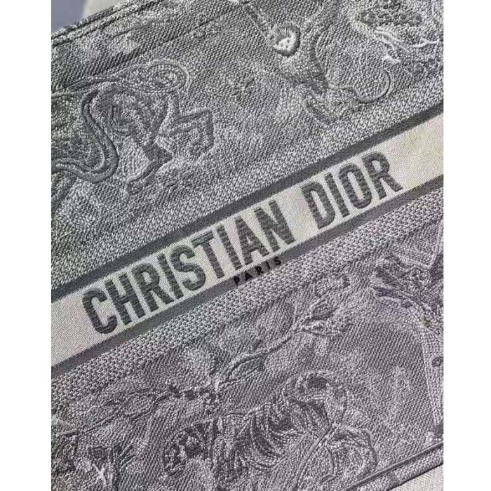 Dior Unisex CD Large Dior Book Tote Gray Toile De Jouy Embroidery
