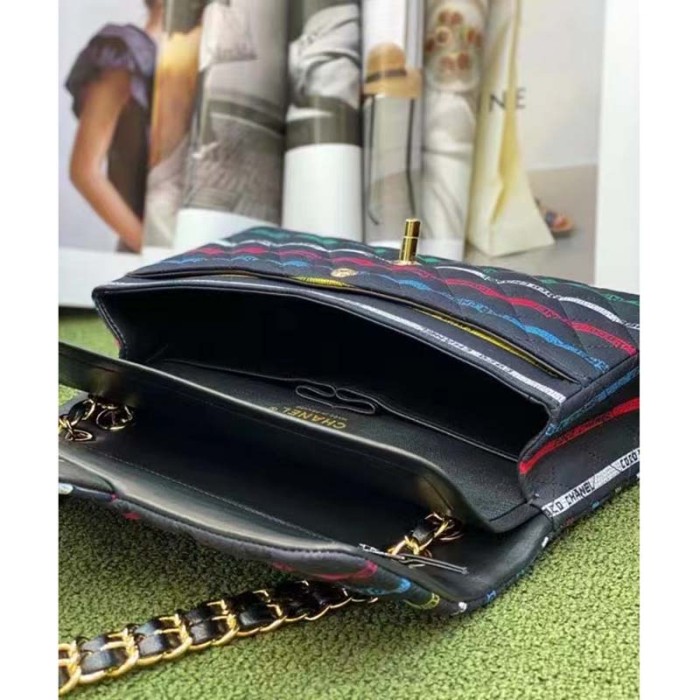 Chanel Women CC Classic Handbag Cotton Gold-Tone Metal Black Multicolor