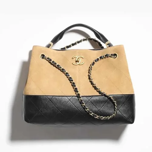 Chanel Women Small Shopping Bag Suede Calfskin Shiny Lambskin Gold Tone Metal