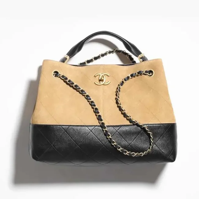 Chanel Women Small Shopping Bag Suede Calfskin Shiny Lambskin Gold Tone Metal