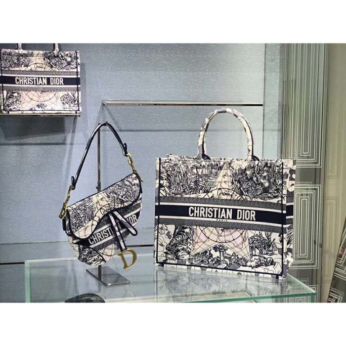 Dior Women Saddle Bag Blue Multicolor Dior Around the World Embroidery