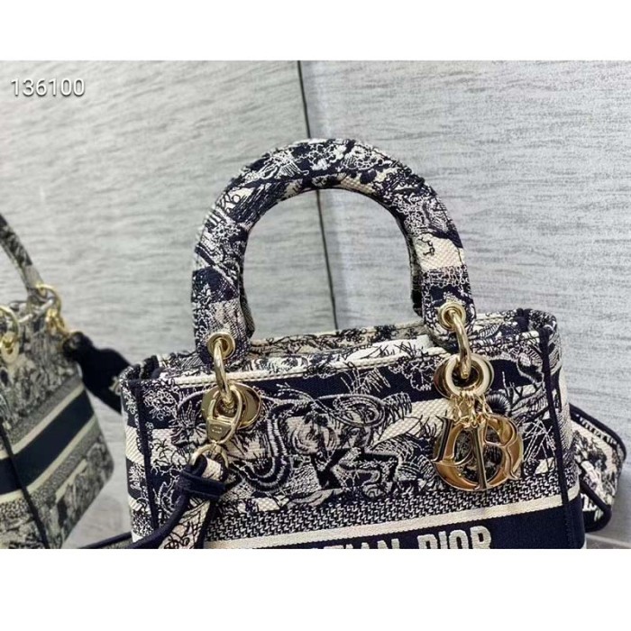 Dior Women Medium Lady D-Lite Bag Navy Blue Toile de Jouy Stripes Embroidery